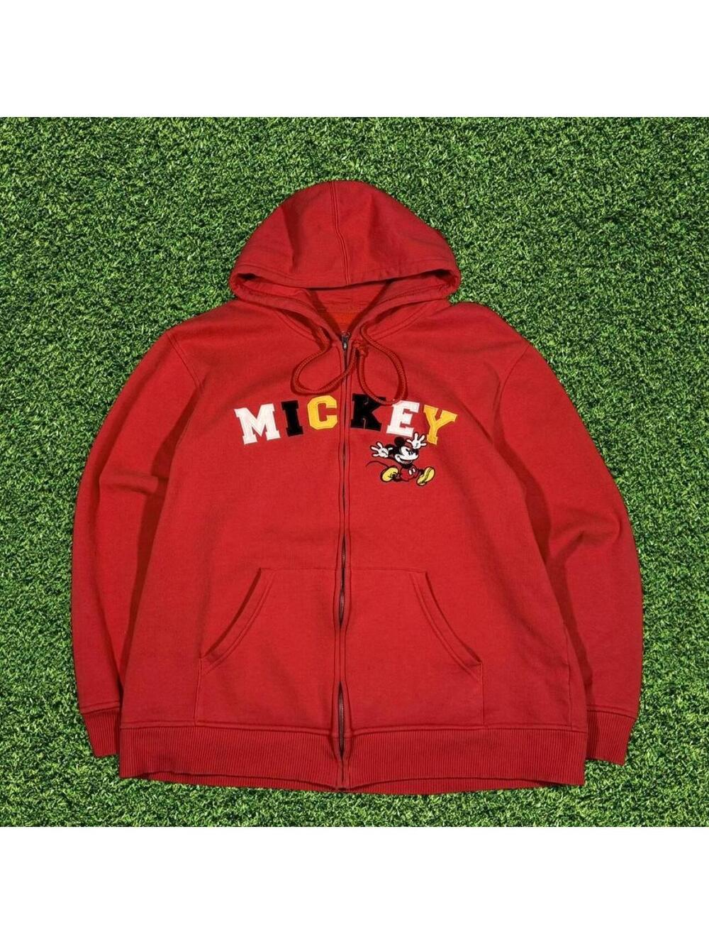 Disney Mickey Mouse Red Zip Hoodie Embroidered Patch Size M Vintage